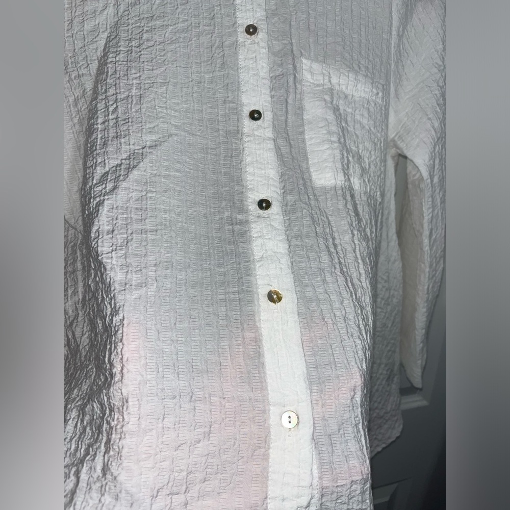 Pink Ripple White Flowy Real Shell Button Down Collared Blouse Size Small - Picture 11 of 14